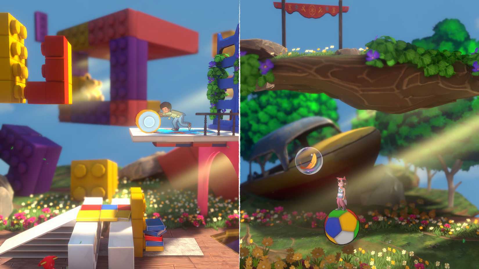 Lost Twins 2 split screen screenshot of the two characters working through a puzzle together