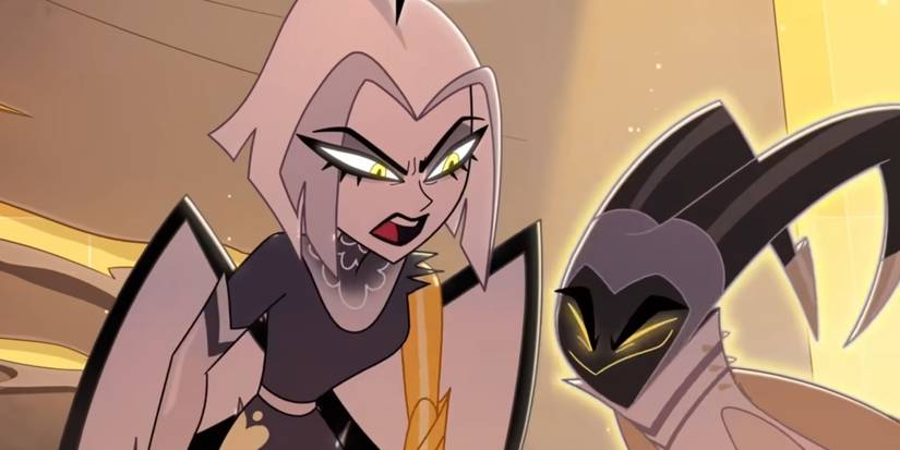 Lute olha para baixo com raiva enquanto a alucinação de Adam sorri para ela na música Gravity da 2ª temporada de Hazbin Hotel.