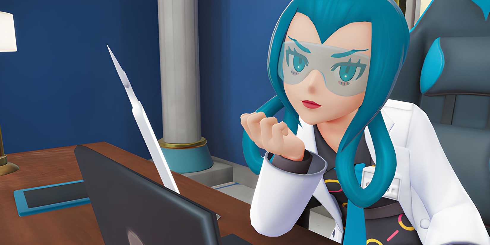 Mabel sitting in front of her laptop in Pokemon Legends Z-A.