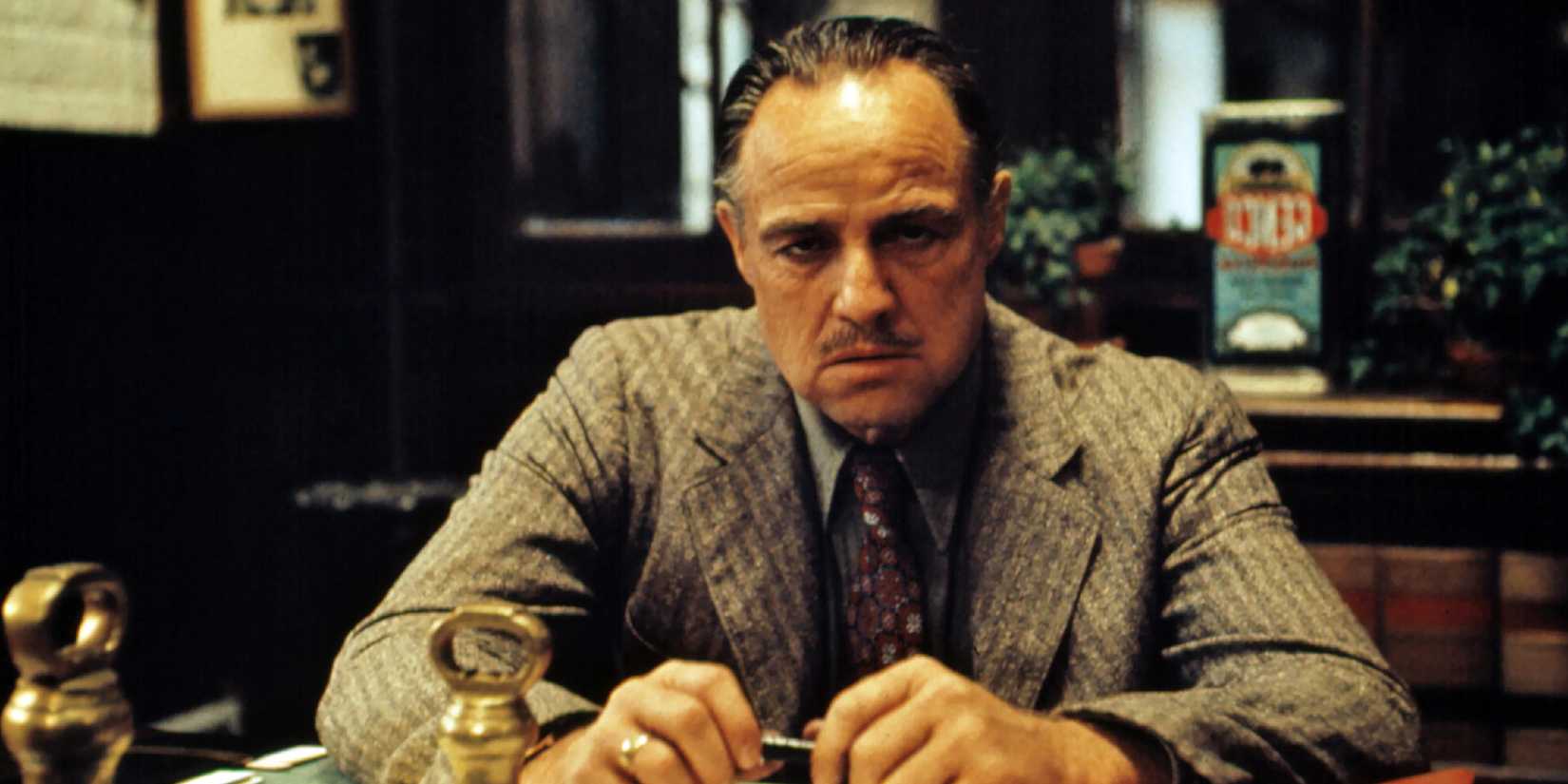 Marlon Brando as Don Corleone looking intense in The Godfather