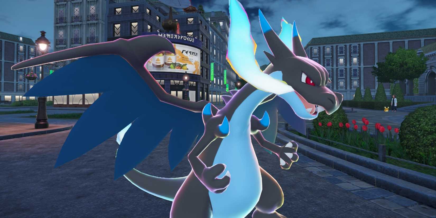 Mega Charizard X at night in Pokemon Legends ZA