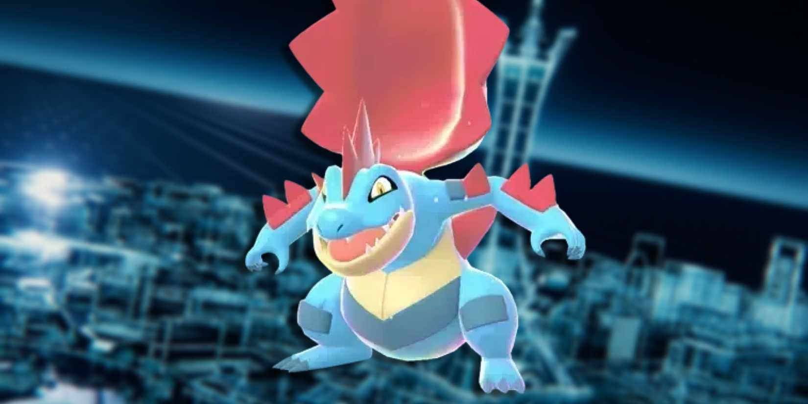 Mega Feraligatr in front of an image of Lumiose City from Pokemon Legends Z-A.