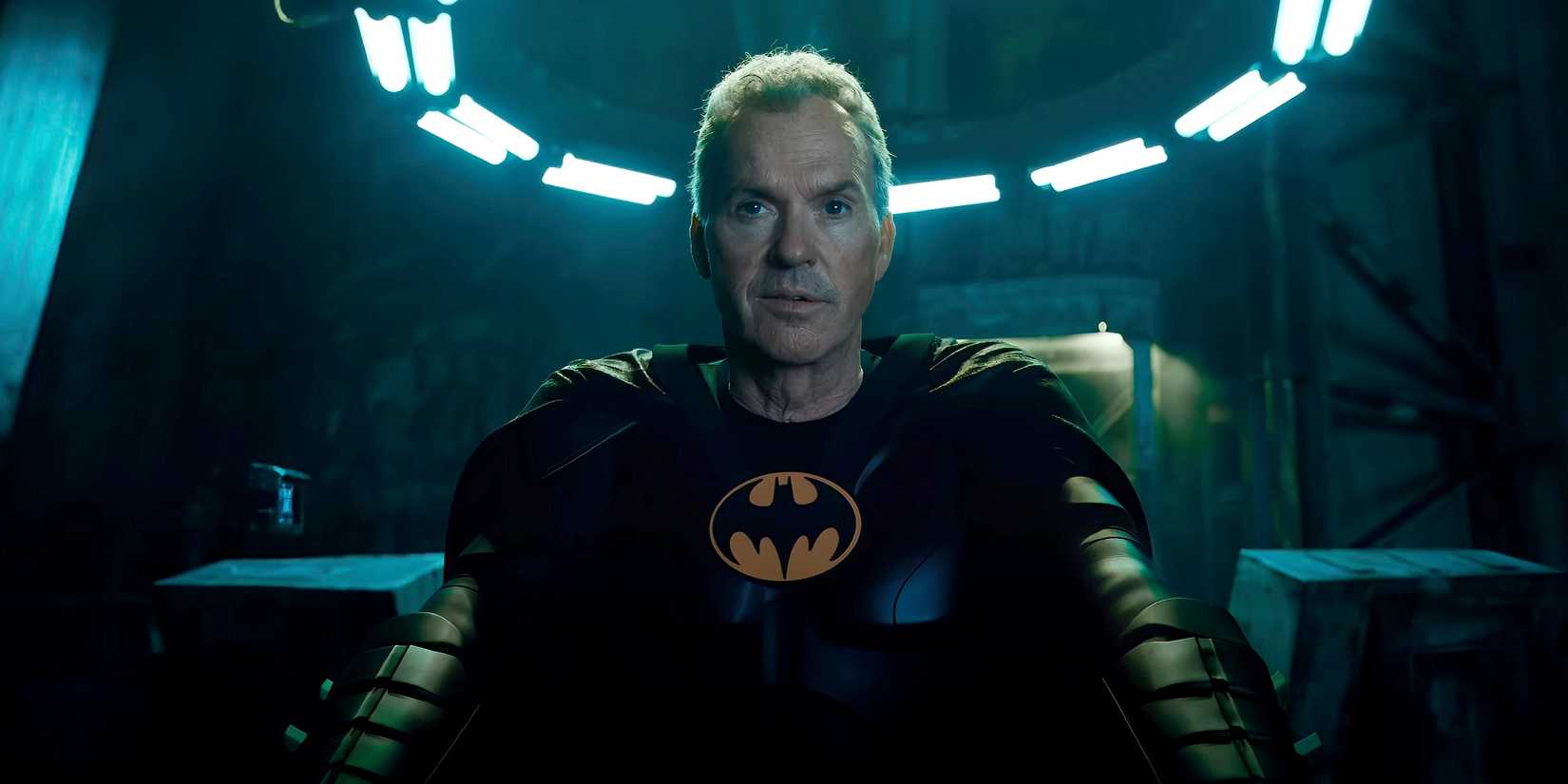 Michael Keaton as Batman with the cowl off in The Flash