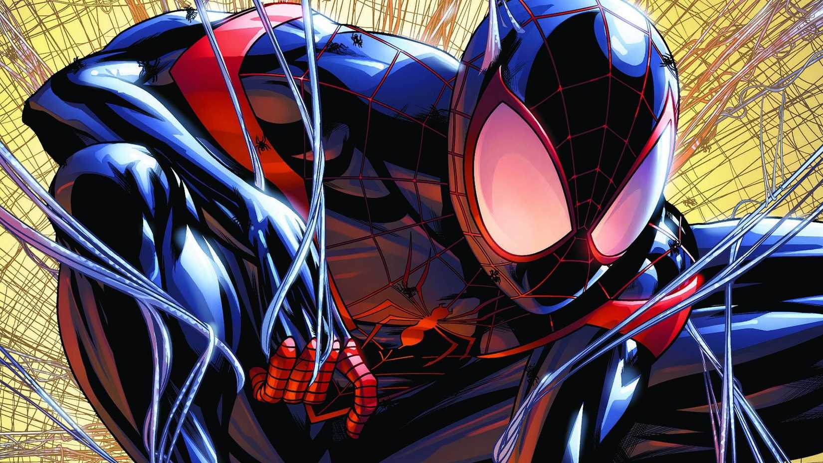 Miles Morales in his black-and-red Spider suit, surrounded by webbing