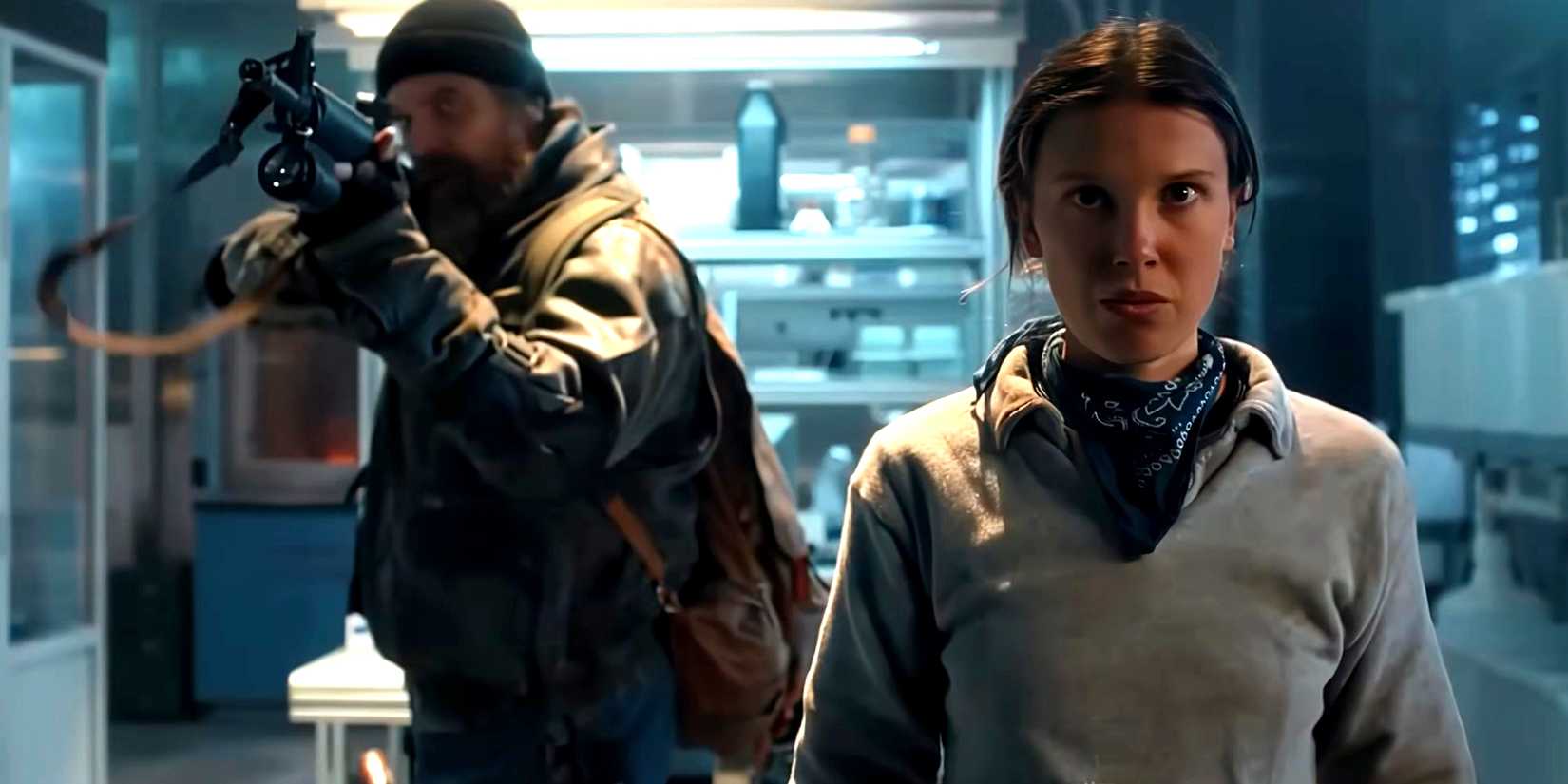 Millie Bobby Brown como Eleven e David Harbour como Hopper em Stranger Things temporada 5