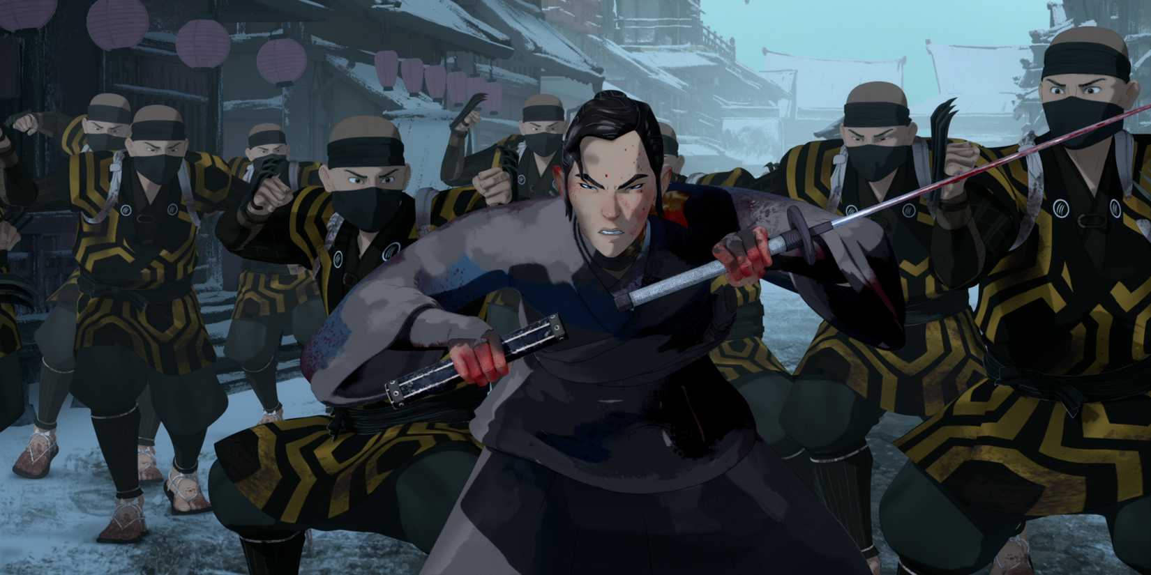 Mizu and warriors in Blue Eye Samurai