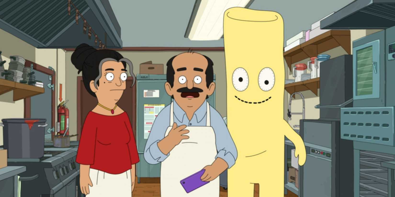 Momma, Poppa, and Noodle standing in the restaurant kitchen in The Great North