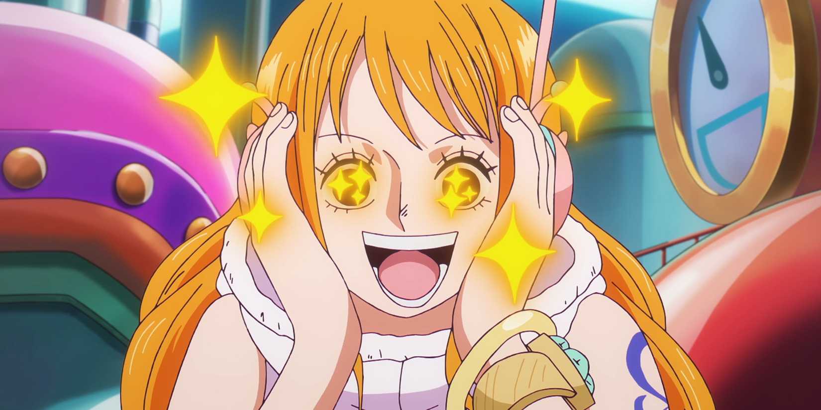Nami in One Piece seeing a cache of jewels at Egghead in episode 1107
