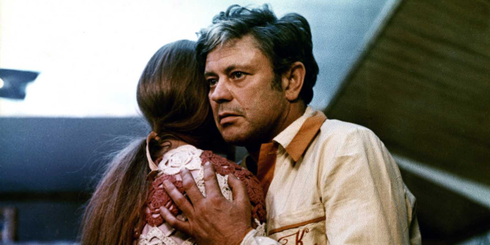 Natalya Bondarchuk is tentatively embraced by Donatas Banionis in a scene from Solaris