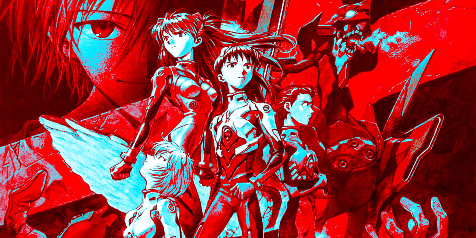 Neon Genesis Evangelion anime featured image - Neon Genesis Evangelion official anime anniversary artwork of the main cast of characters