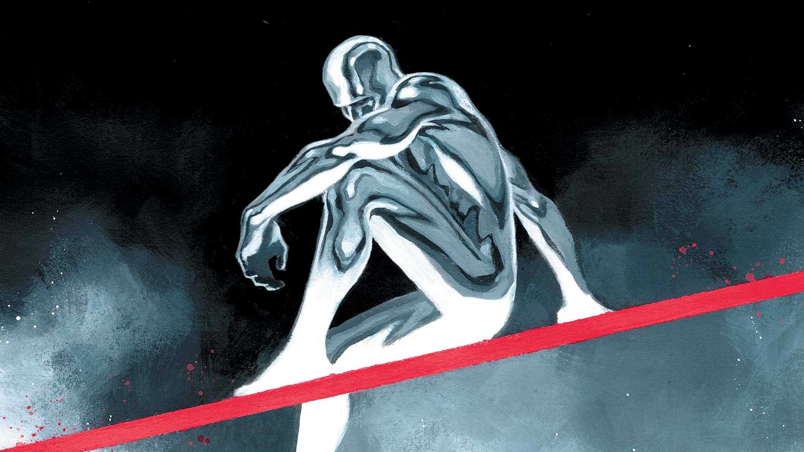 Norrin Radd sits sadly on his surfboard in space in Death of the Silver Surfer cover