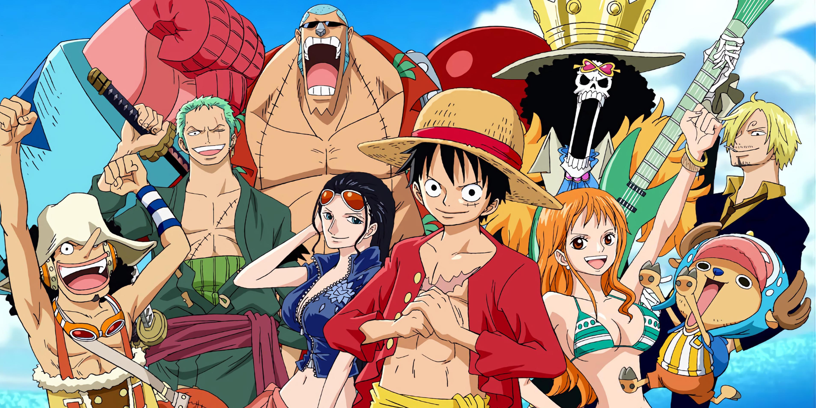 One Piece anime featured image - The Straw Hat crew from the One Piece anime all looking happy