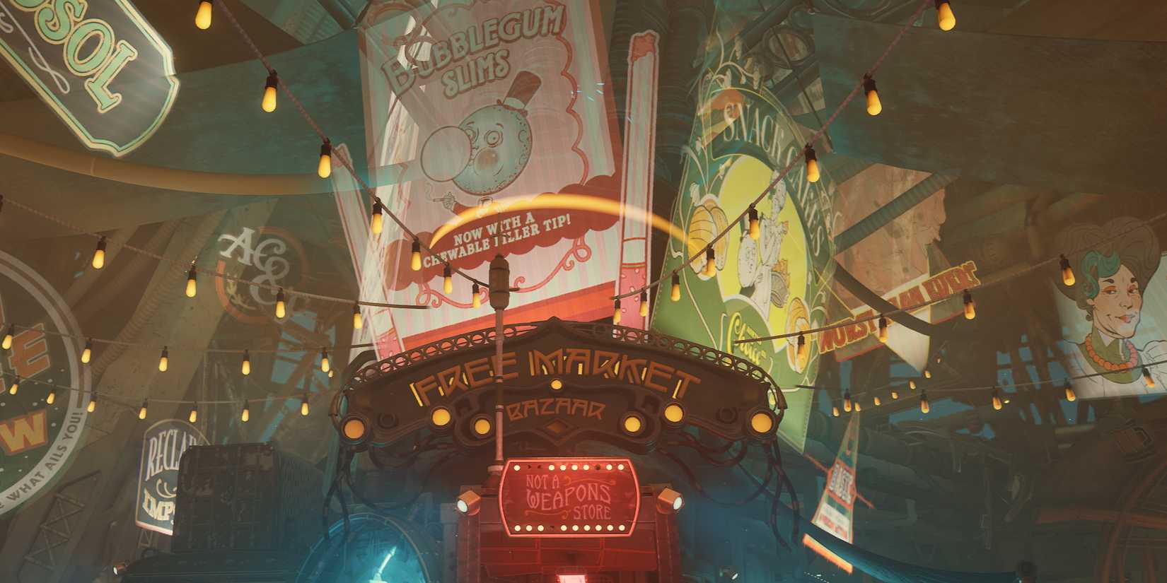 Outer Worlds Bazaar with various advertising signs