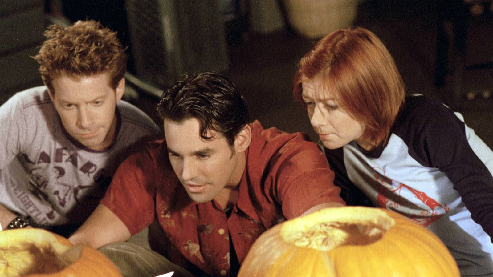 Oz, Xander, and Willow carving pumpkins in Buffy the Vampire Slayer season 4, episode 4 Fear Itself