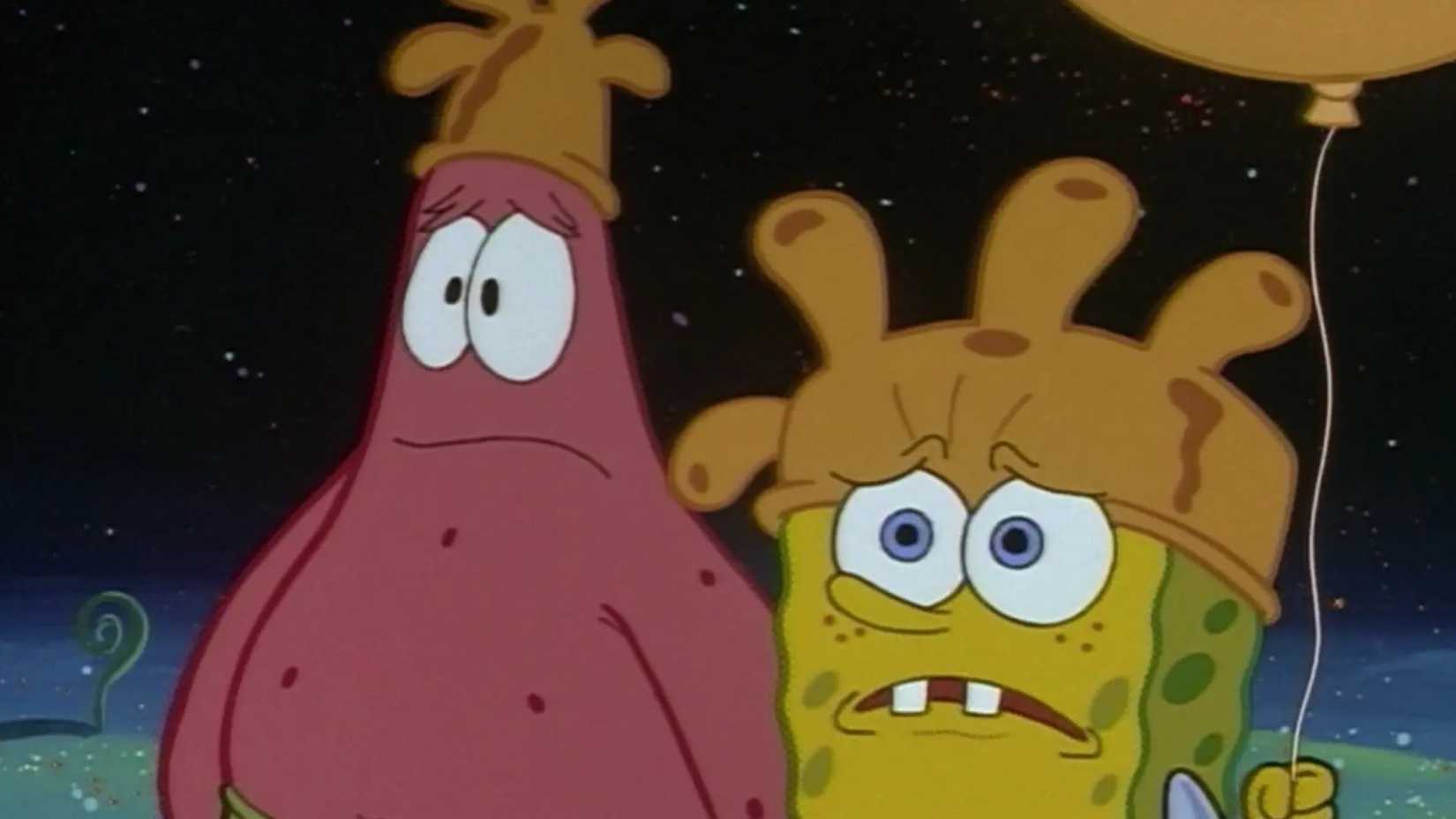 Patrick e Bob Esponja com expressões preocupadas em Bob Esponja Calça Quadrada