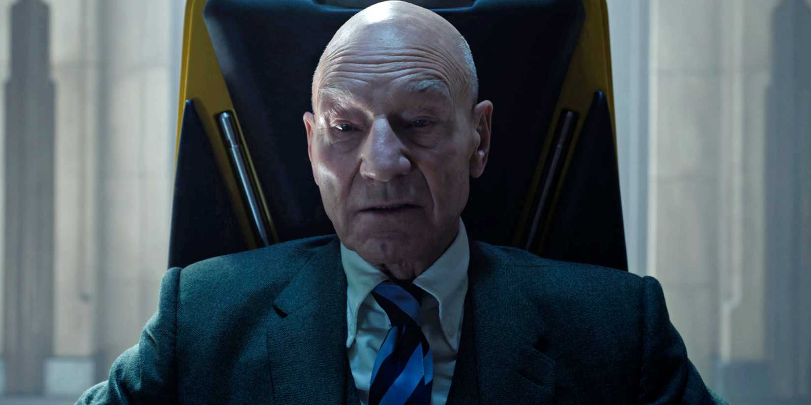Patrick Stewart's Charles Xavier sitting in his chair in the Illuminati council in Doctor Strange in the Multiverse of Madness
