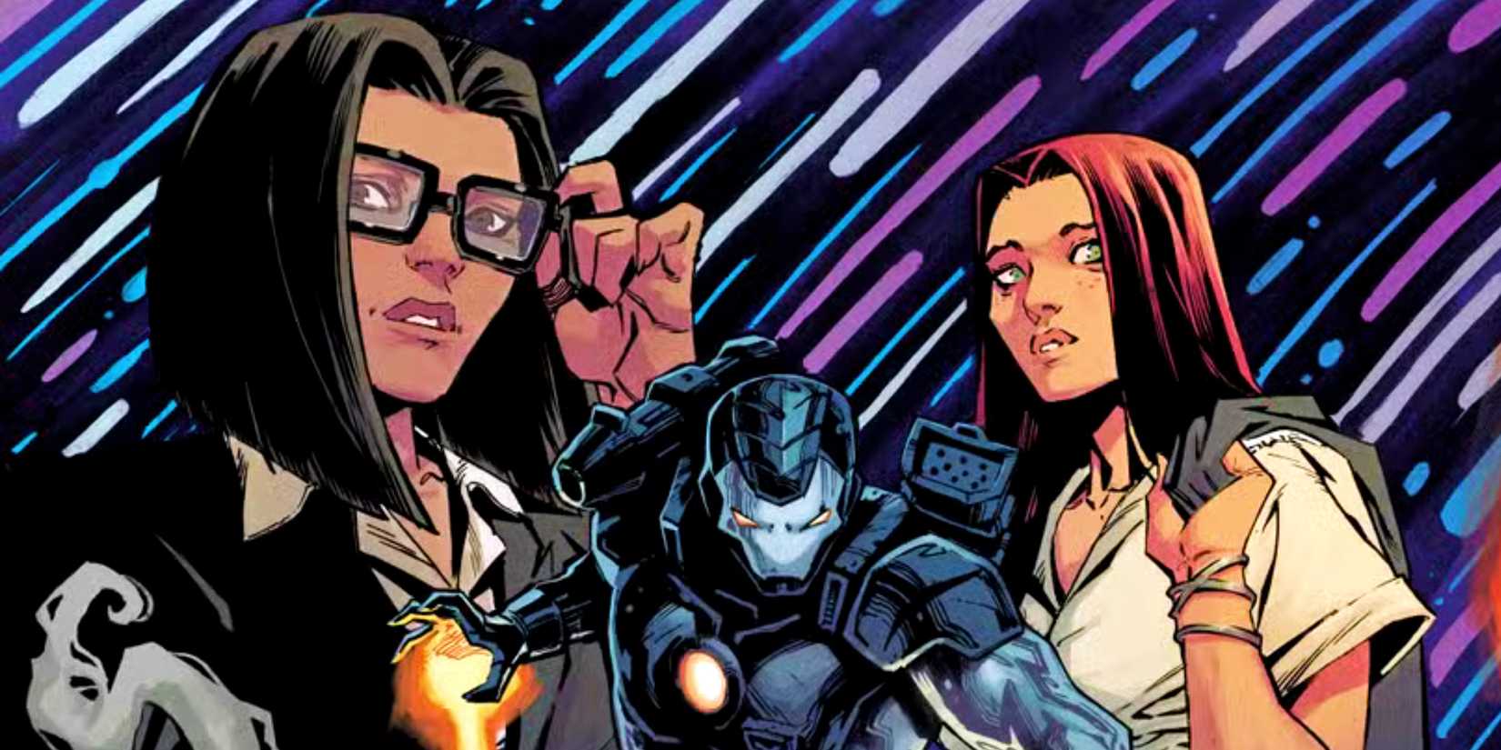 Pepper Potts and War Machine pose together in Iron Man #1 cover