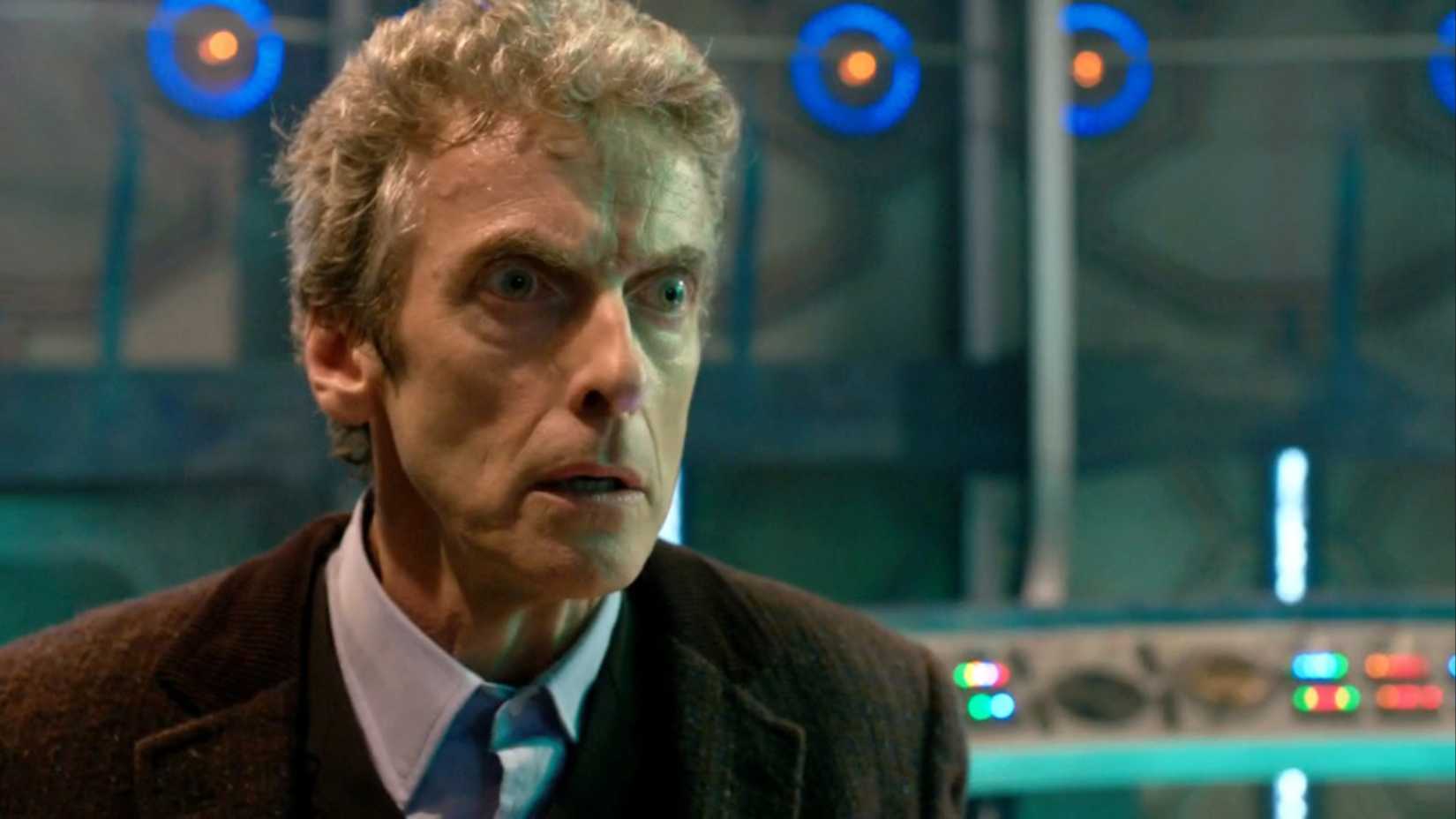 peter capaldi looking shocked as the 12th doctor in doctor who