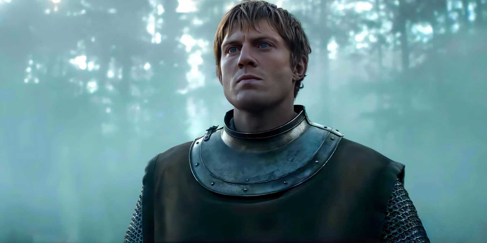 Peter Claffey's Ser Duncan standing in a foggy field in armor in A Knight of the Seven Kingdoms