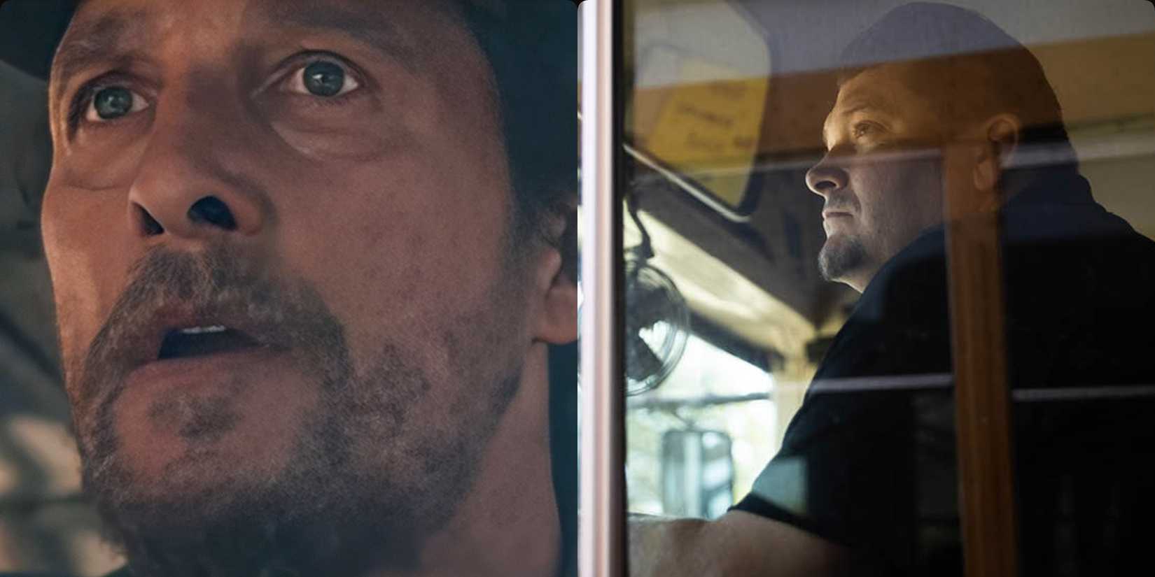Matthew McConaughey driving a bus in The Lost Bus and Kevin McKay in a bus