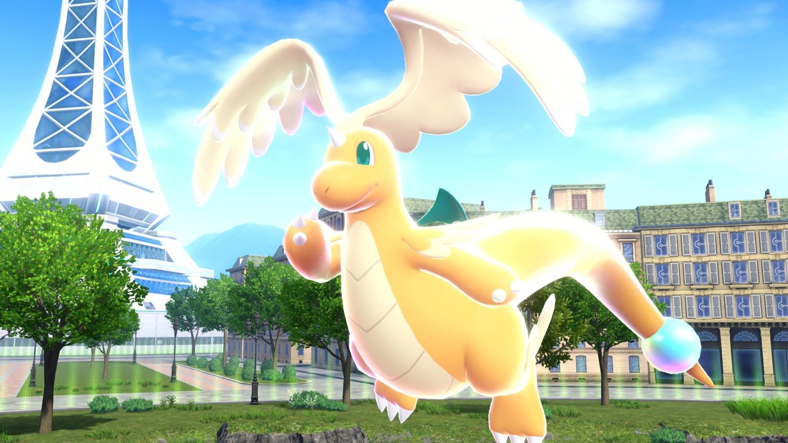 Mega Dragonite flies in Lumiose City in Pokemon Legends Z-A.