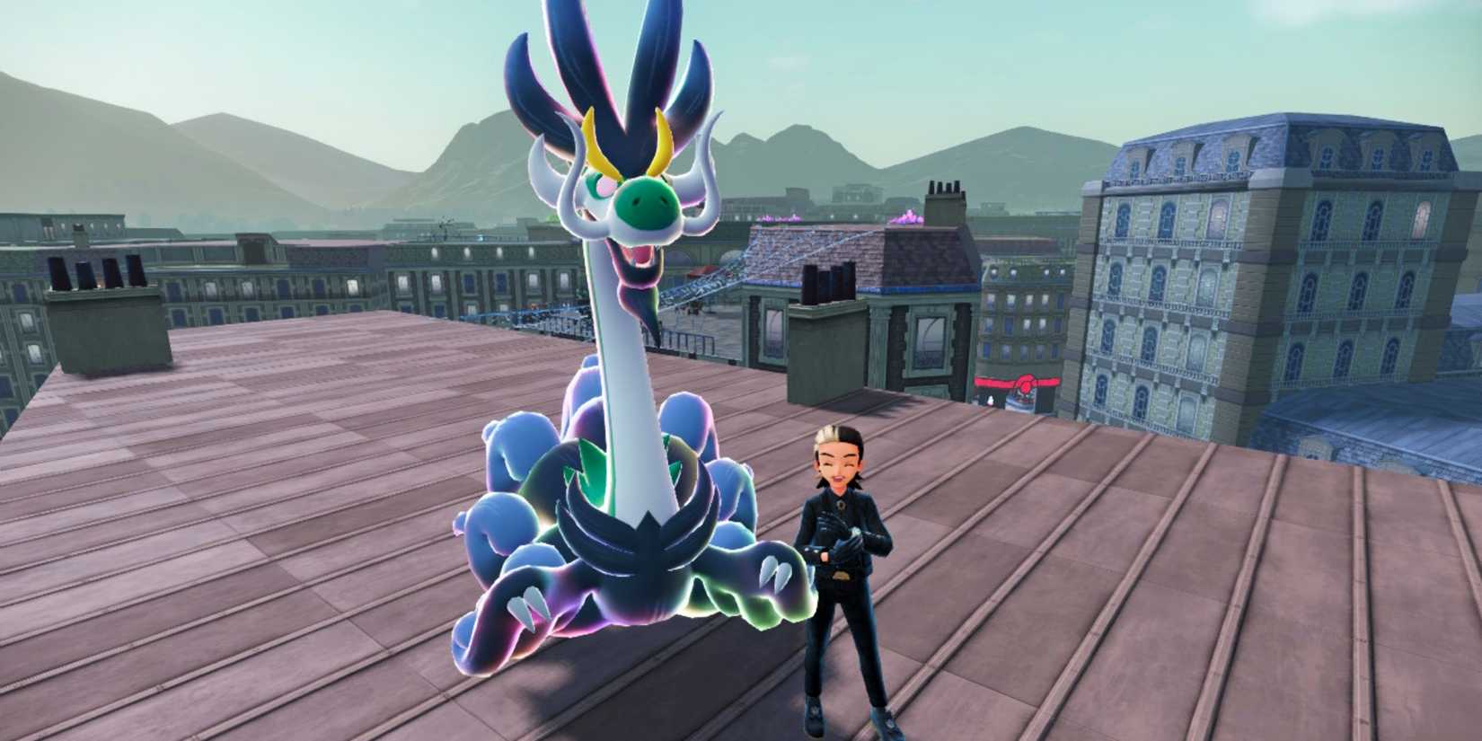 A Trainer smiles next to its Mega Drampa on a rooftop in Pokemon Legends Z-A.