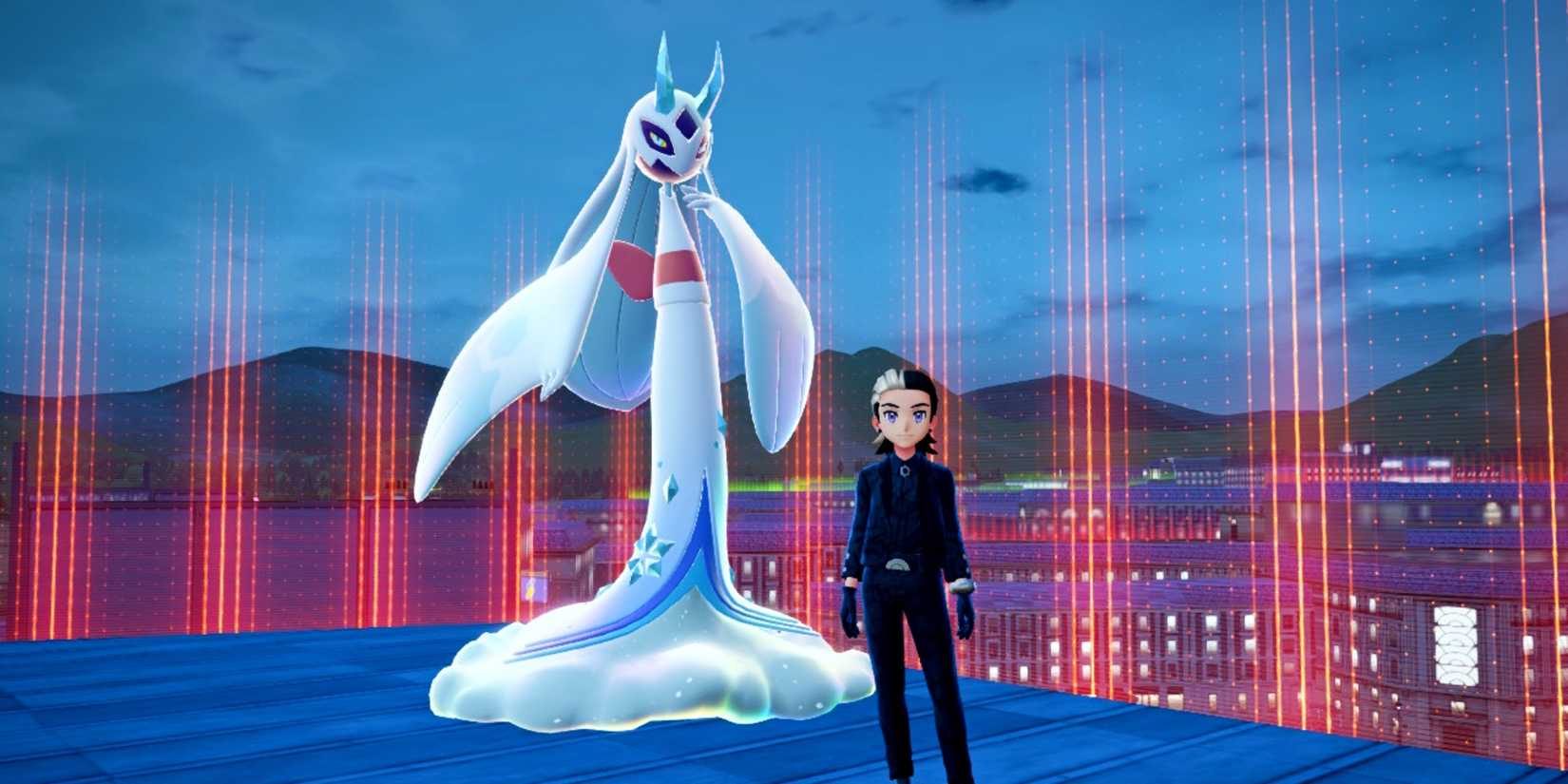 Mega Froslass и ее тренер позируют на крыше в Lumiose City в Pokemon Legends Z-A.