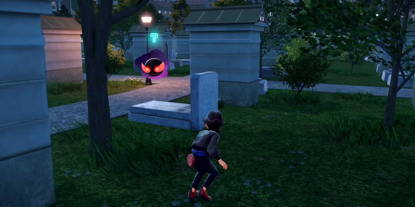 A trainer walks quietly through a cemetery at night trying to avoid a Gastly's gaze in Pokemon Legends Z-A.