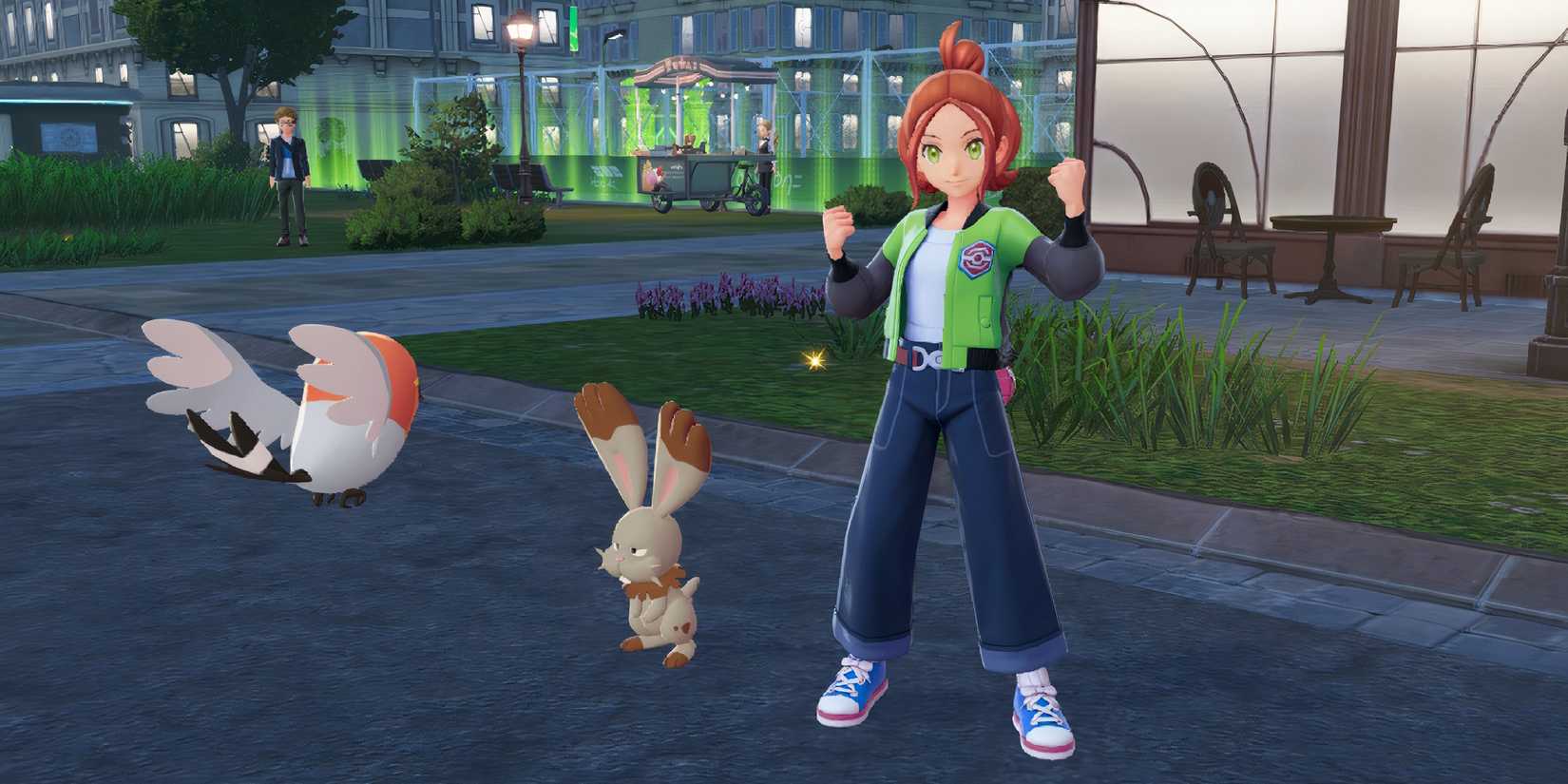 Pokemon Legends ZA character posing next to two pokemon fighting