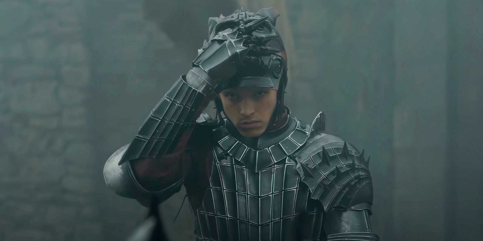 A Knight Of The Seven Kingdoms' Targaryen Family Tree Explained Prince Aerion Targaryen (Finn Bennet) putting on his helmet in A Knight of the Seven Kingdoms