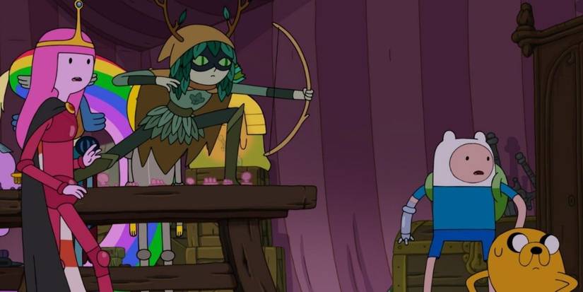 Princess Bubblegum, Huntress Wizard, Finn, and Jake, responding to something offscreen in Adventure Time