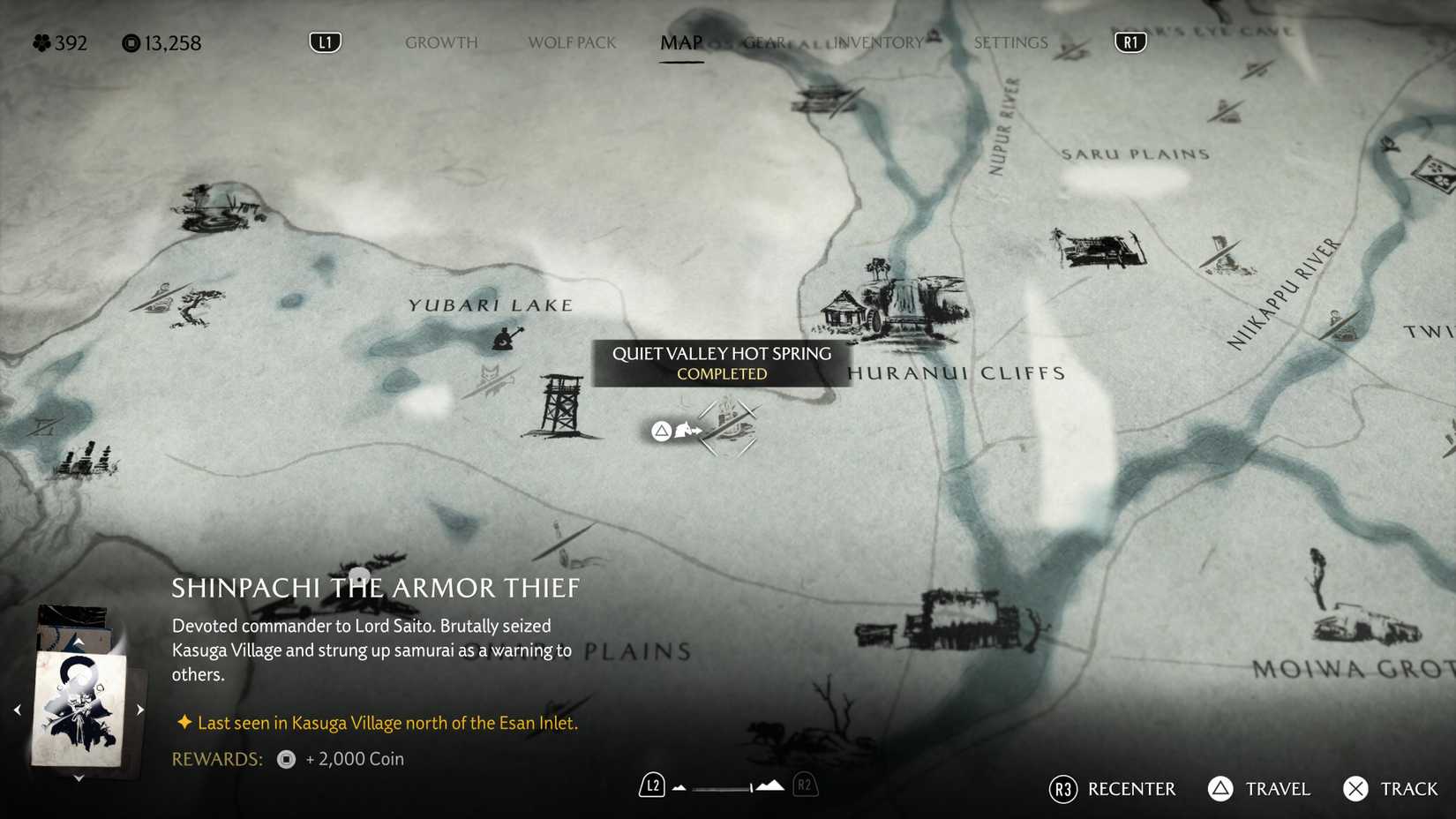 Map screen showing the location of Quiet Valley Hot Spring in Ghost of Yotei.