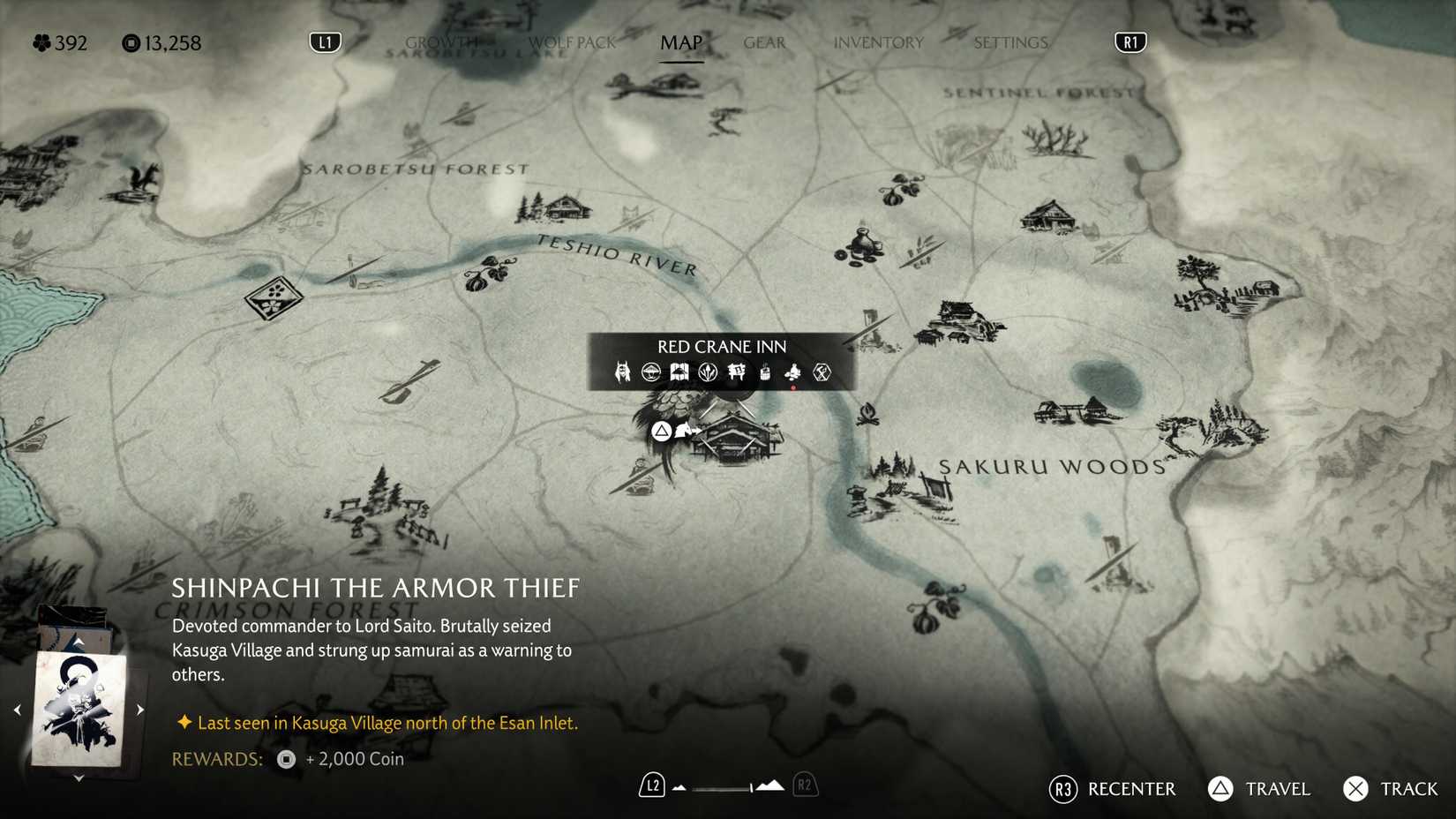 Map screen showing the location of Red Crane Inn Hot Spring in Ghost of Yotei.