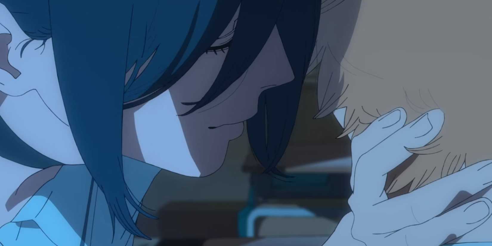 Reze holding Denji's head and whispering into his ear in Chainsaw Man — The Movie: Reze Arc.