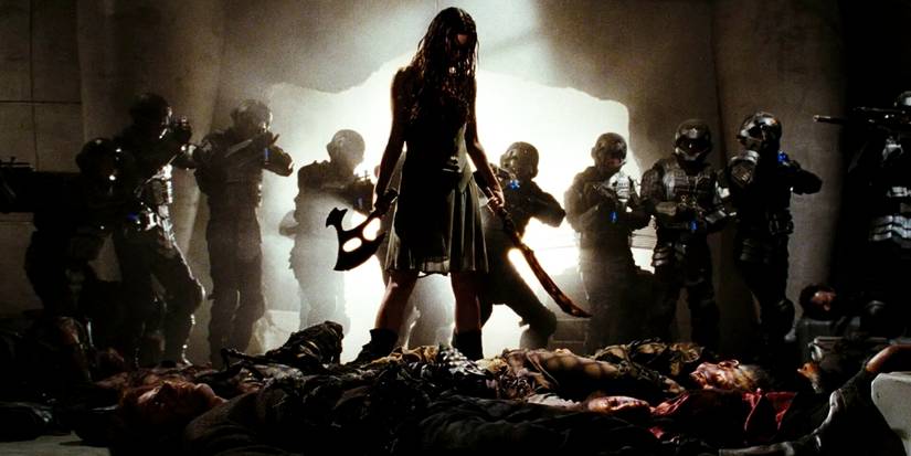 River Tam with soldiers behind her in Serenity movie