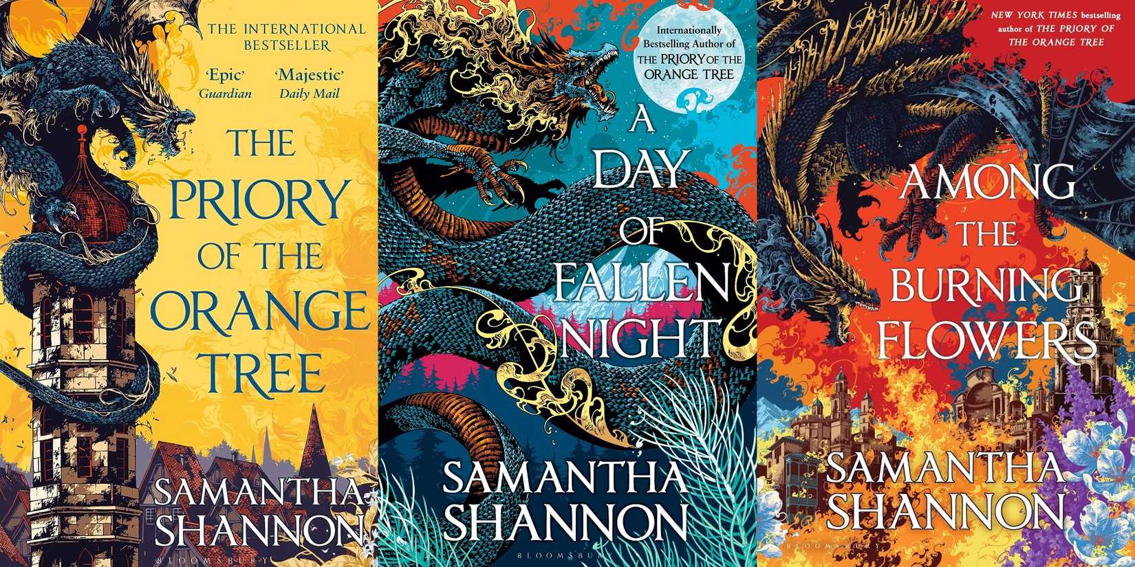 10 Fantasy Series That Rival A Song of Ice And Fire In Scope & Storytelling The covers of The Priory of the Orange Tree, A Day of Fallen Night, and Among the Burning Flowers