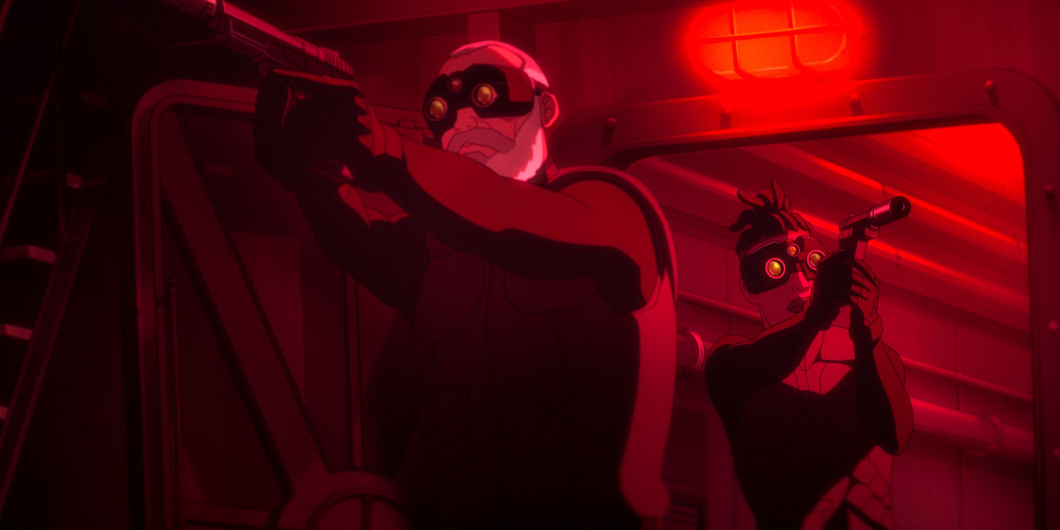 Sam e Zinnia com armas em punho e óculos de visão noturna em Splinter Cell: Deathwatch.