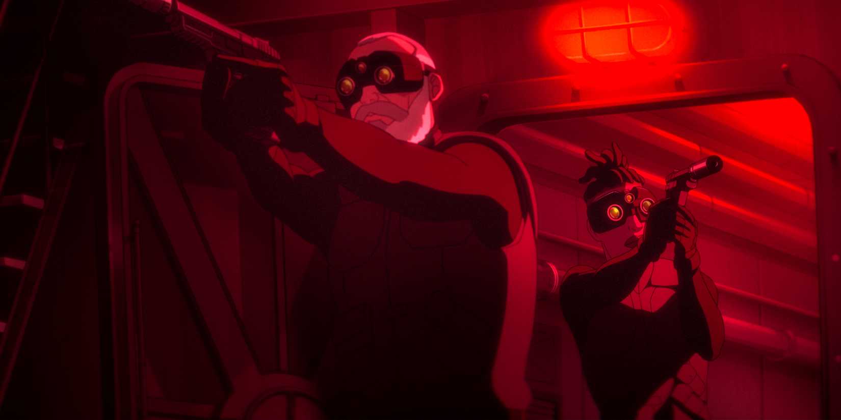 Sam and Zinnia entering a dark red room with guns drawn and with their night vision goggles in Splinter Cell: Deathwatch