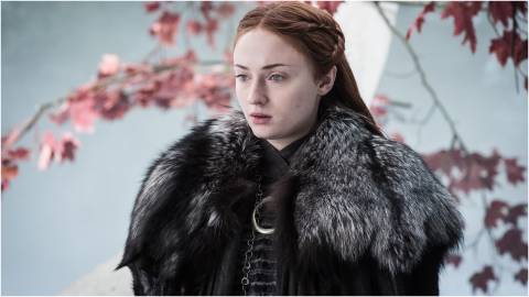 Sansa Stark (Sophie Turner) in her queen of the north robes looking scared in Game of Thrones