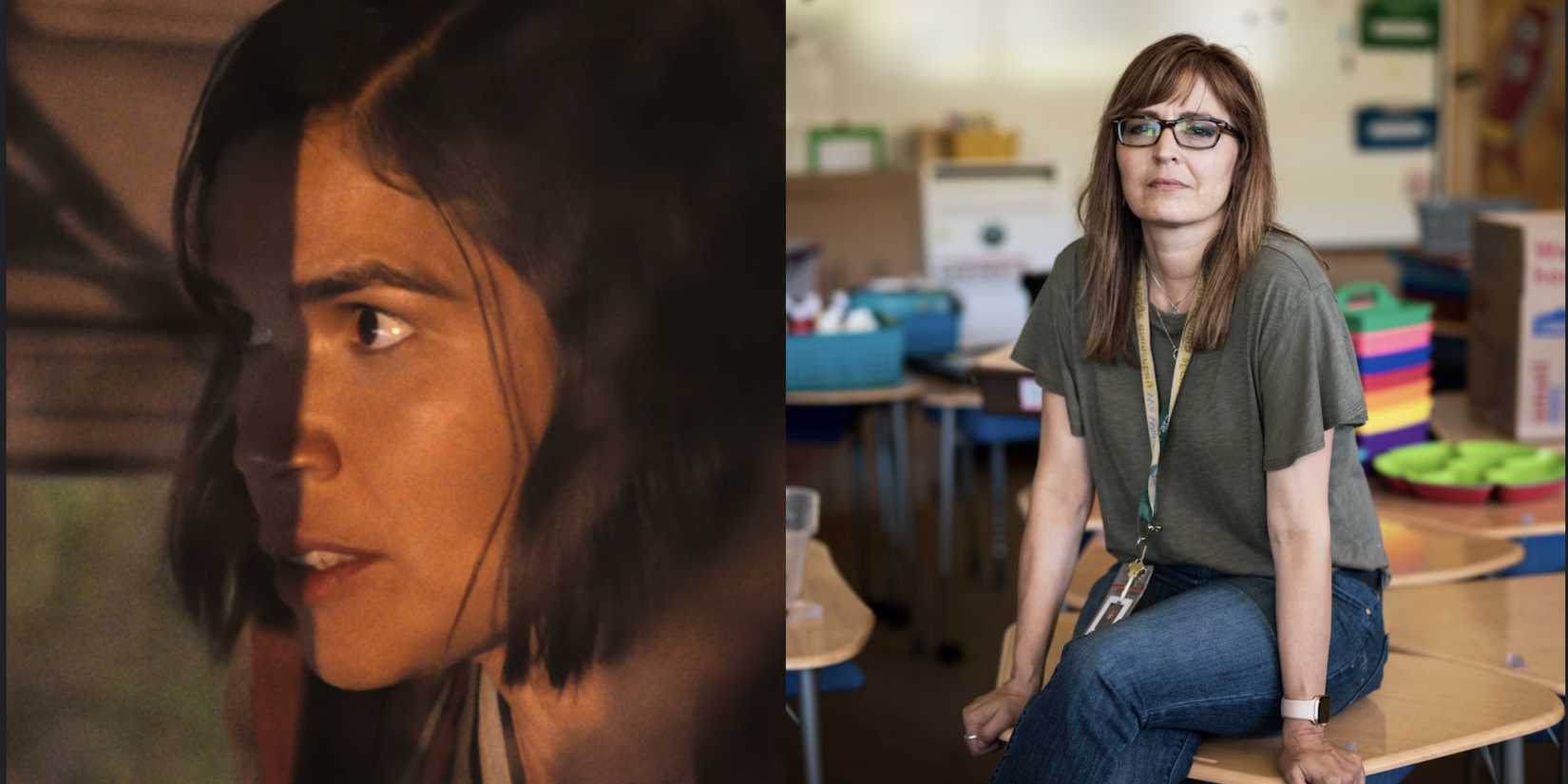 America Ferrera on the bus in The Lost Bus and Mary Ludwig in a classroom