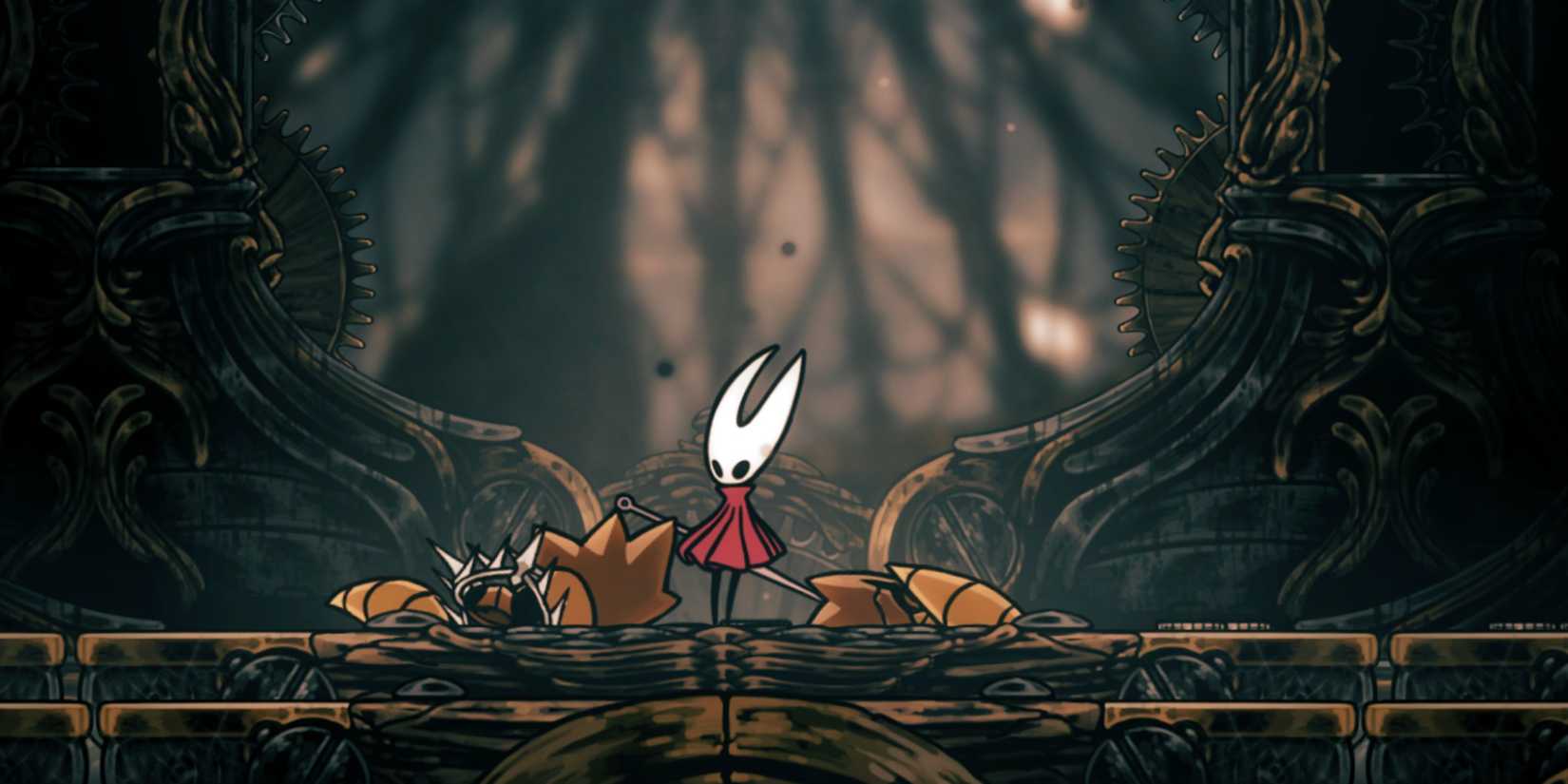 Silksong hornet standing with a defeated boss next to her