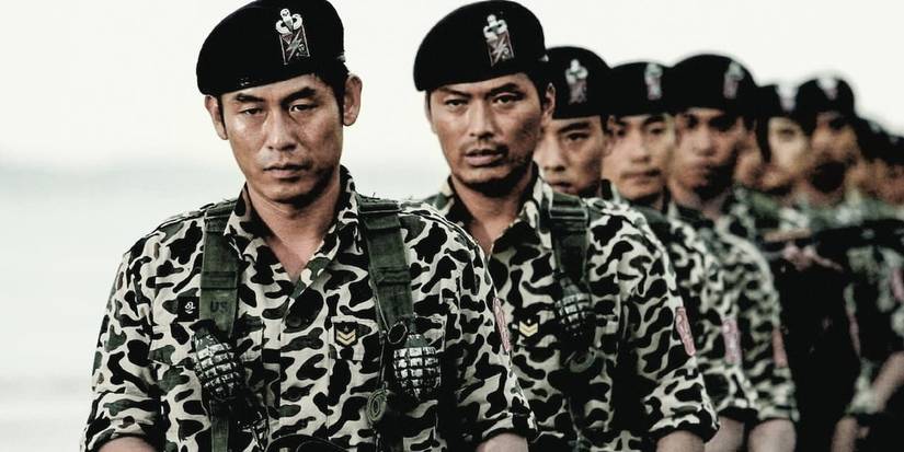 Soldiers stand in a line in Silmido
