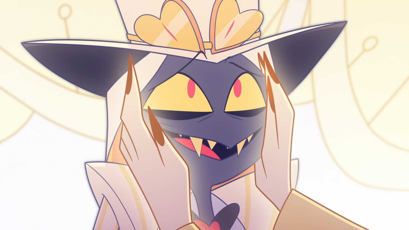 Sir Pentious sorri enquanto a Oradora de Deus segura seu rosto em Hazbin Hotel.