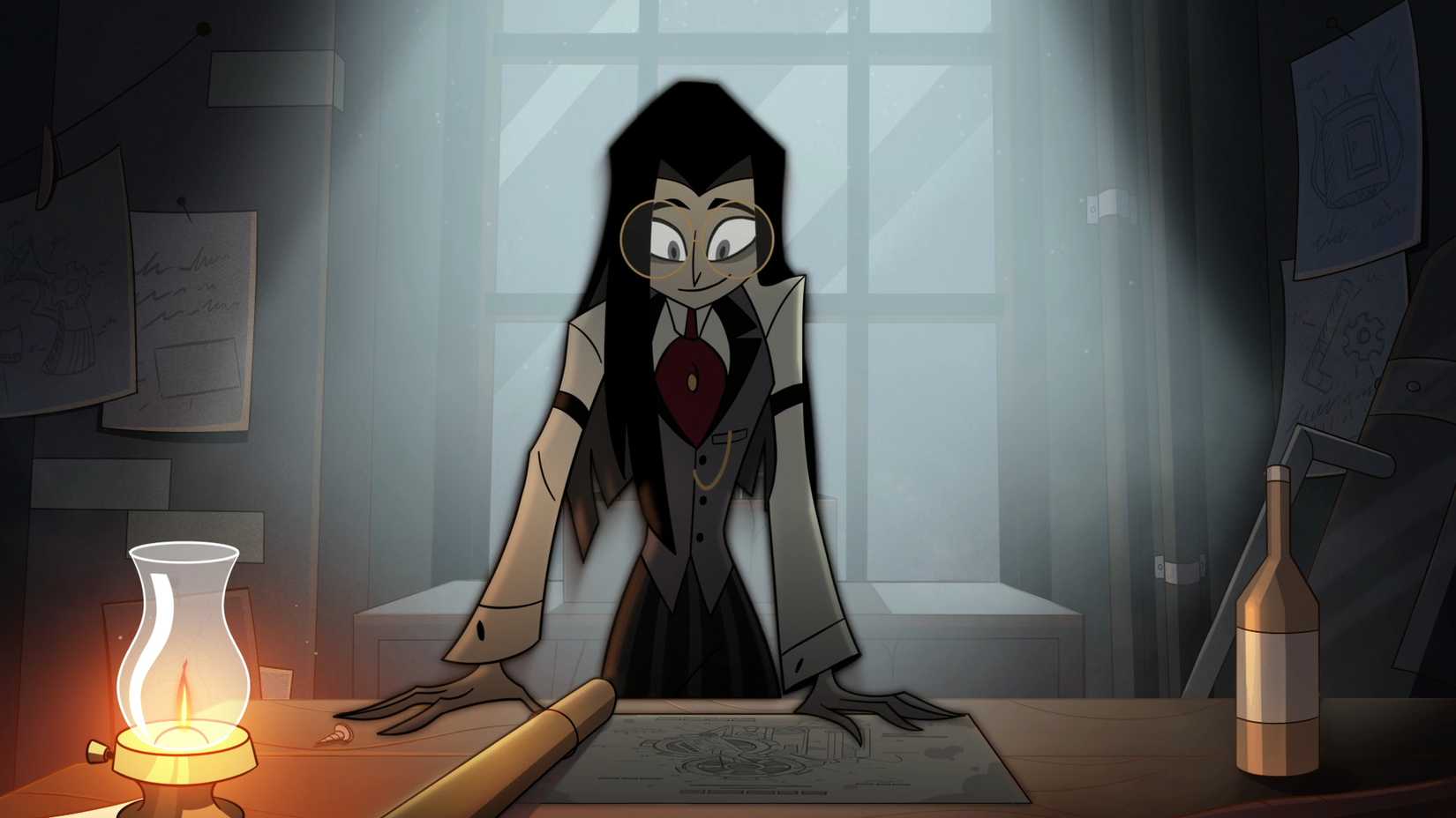 Sir Pentious em sua mesa de desenho em Hazbin Hotel.