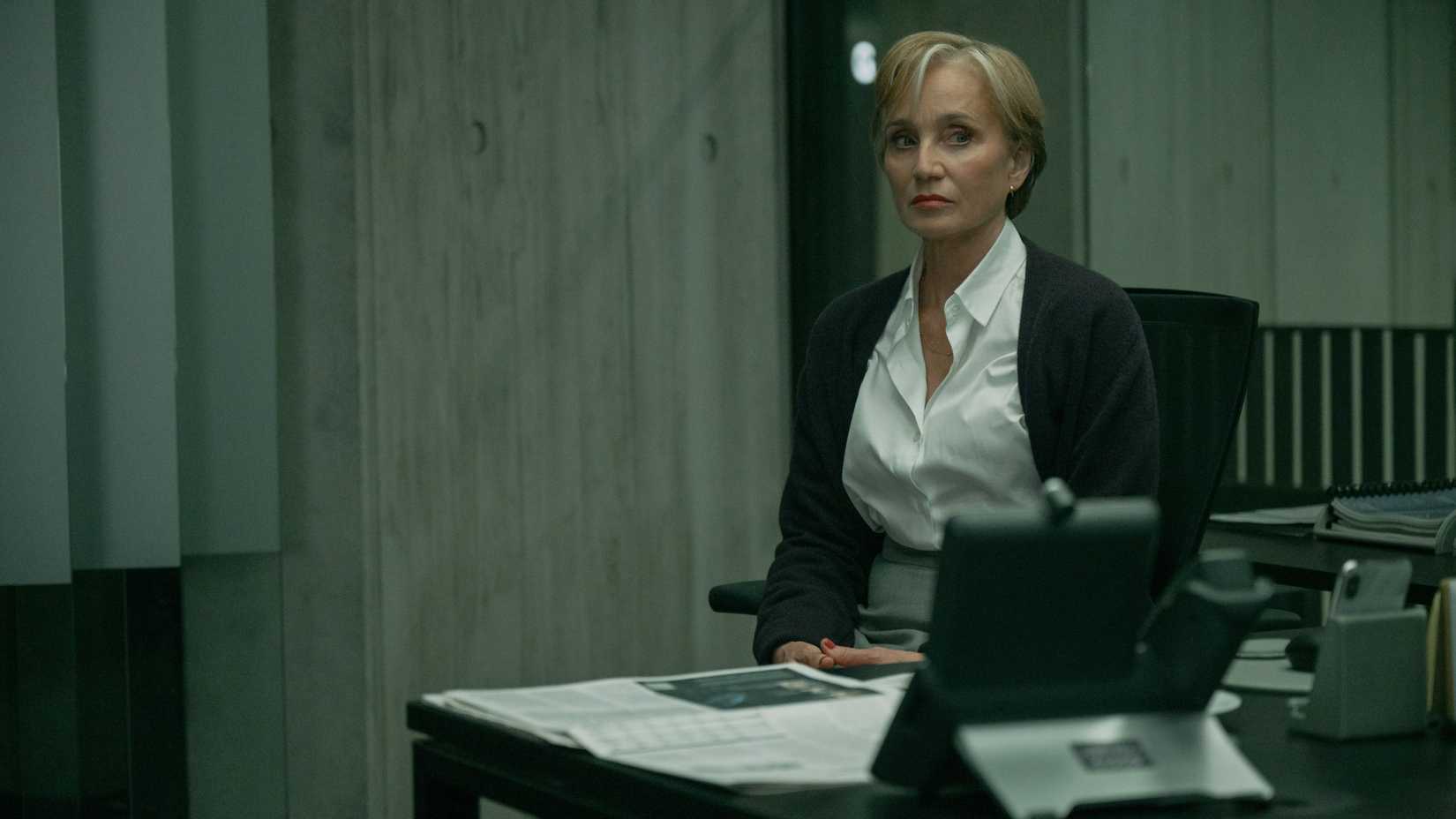 Taverner (Kristin Scott Thomas) looking concerned at her desk in Slow Horses season 5, episode 6.