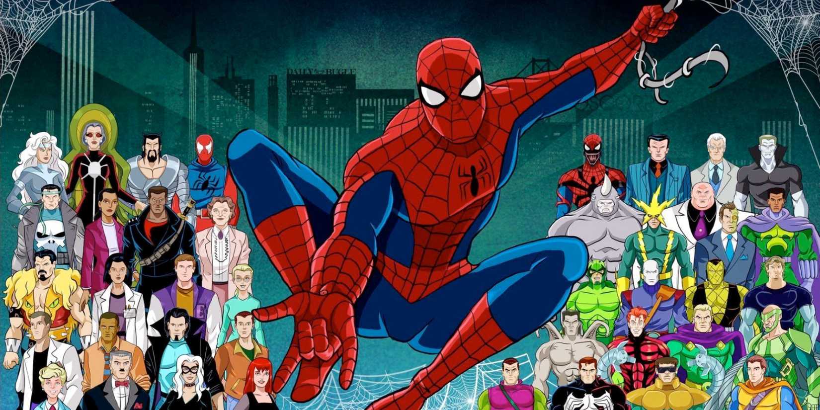 Spider-Man swings towards the camera in fron of his rogues gallery in Spider-Man the Animated Series