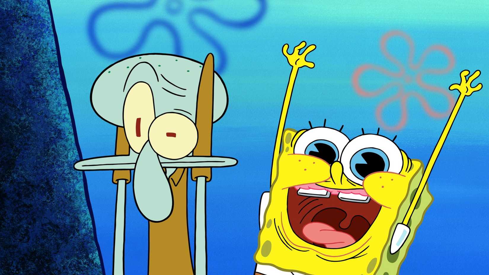 Lula Molusco e Bob Esponja com expressões estranhas em Bob Esponja Calça Quadrada