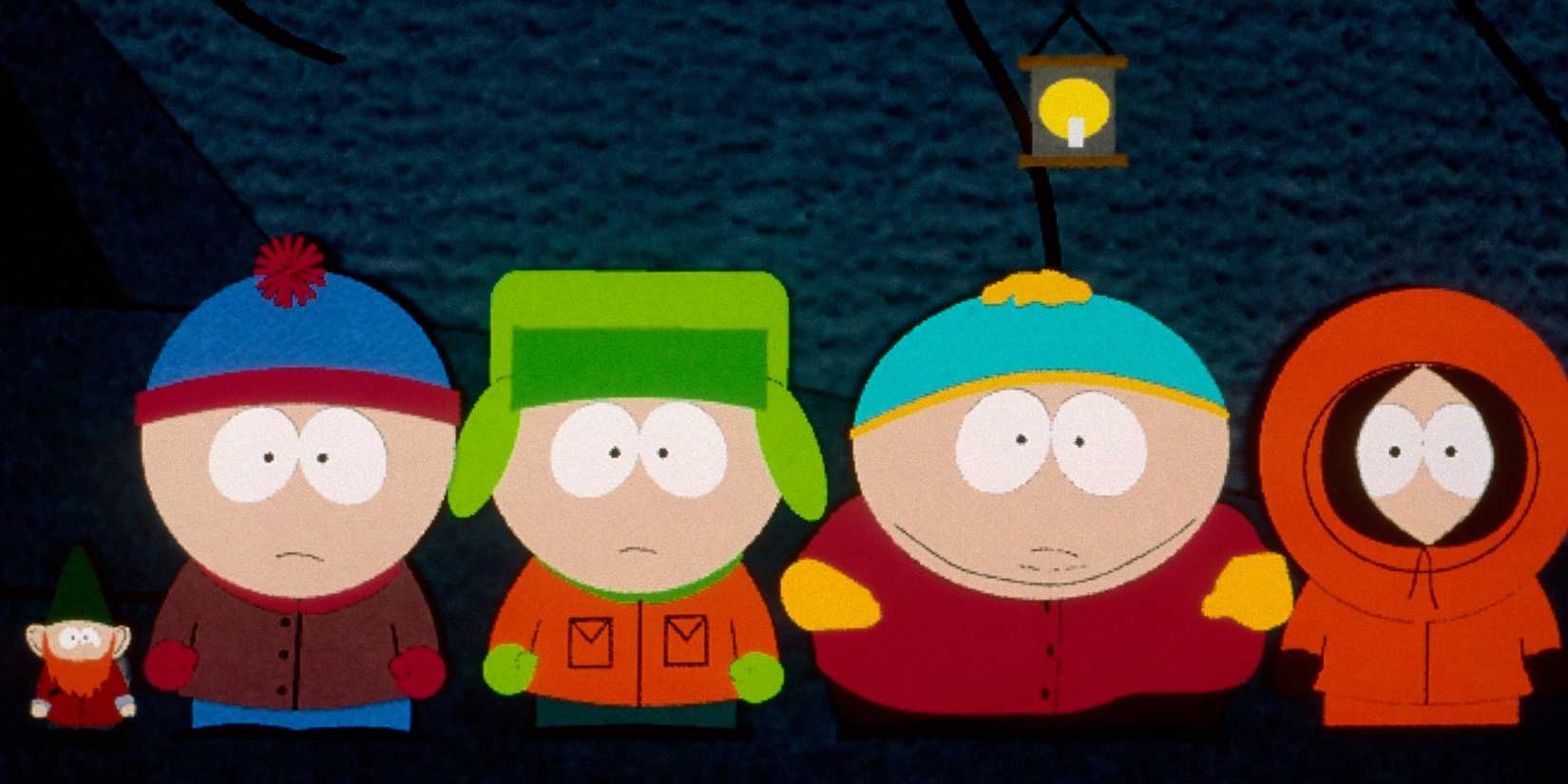 Stan, Kyle, Kenny, Cartman e um gnomo em South Park