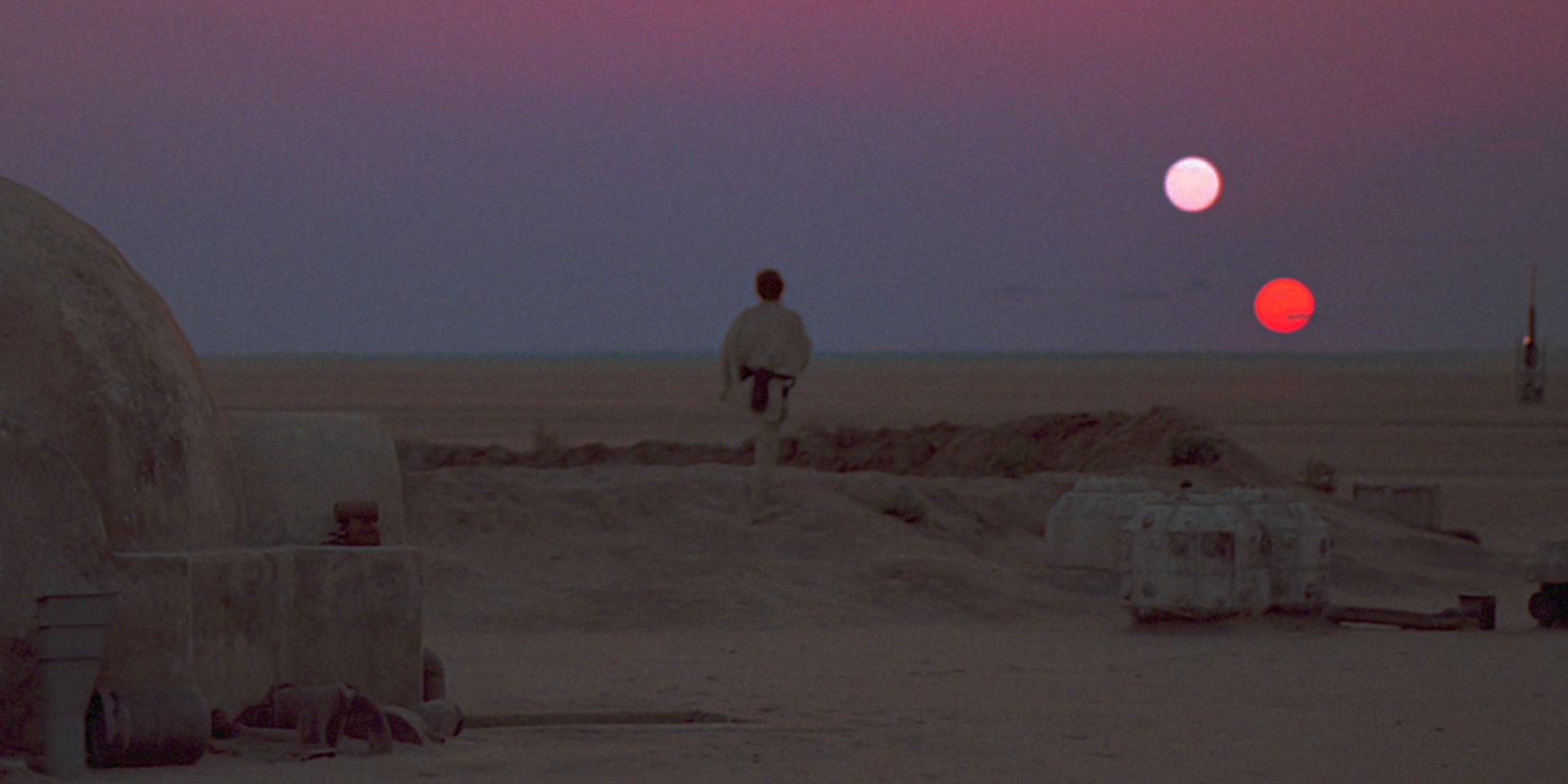 Luke Skywalker looking at the twin suns in Star Wars: A New Hope