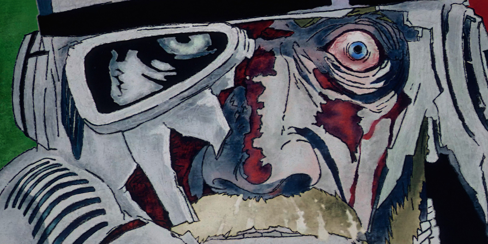 Star Wars Visions Black Volume 3 Season 3 - Storm Troopers last breath - A Storm Trooper with the helmet half on and half off showing a dying and scared man